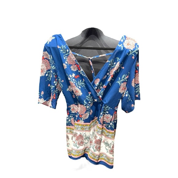 Three Pink Hearts Floral Romper Size Large Boho Resort Style Tie Back Lined - Picture 3 of 6